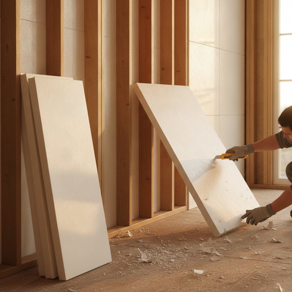 Rigid foam board insulation panels installed against a foundation wall